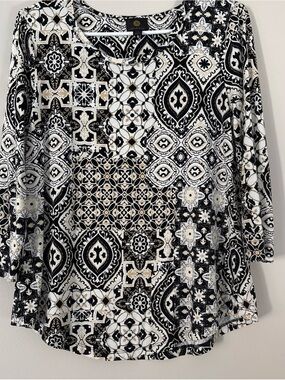 JM Collection Black, White & Cream Geometric Scoop Neck Tunic